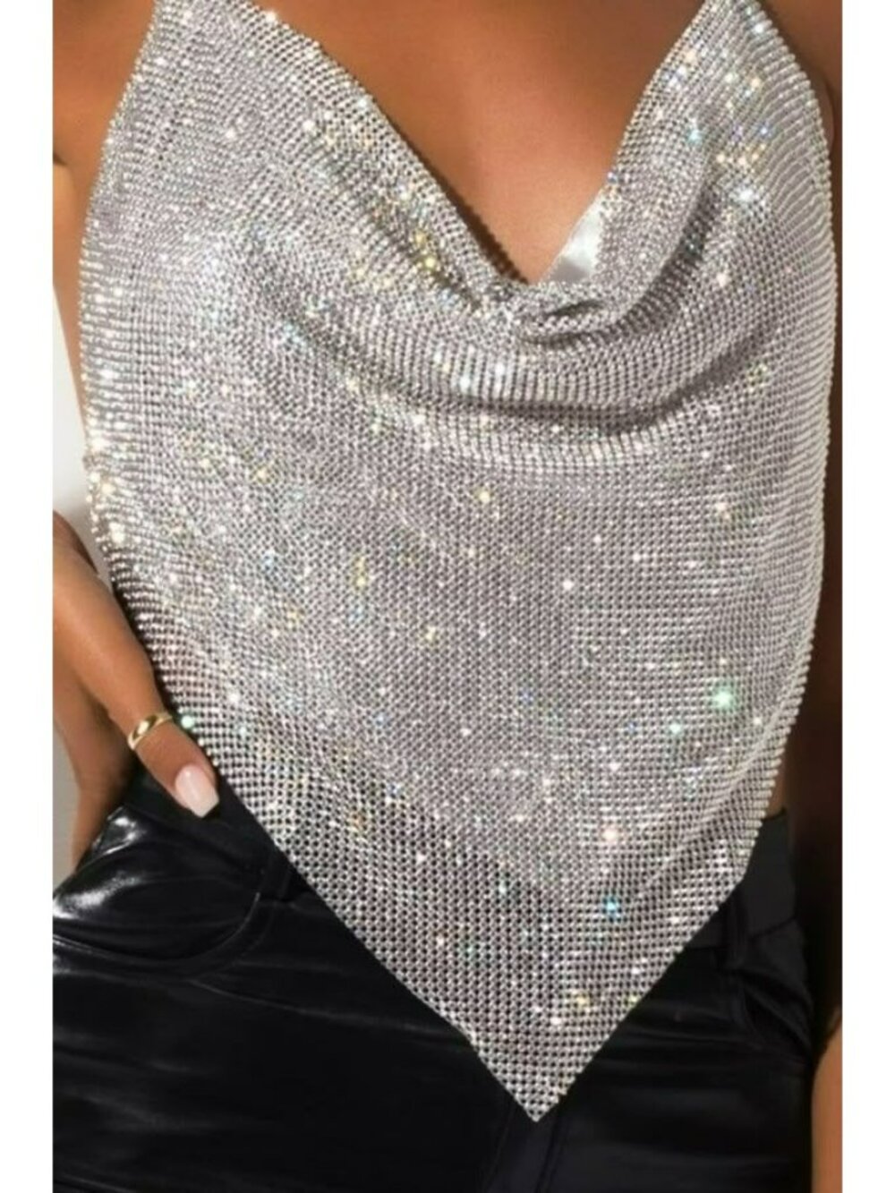 Better Be Sparkling Halter Top Cowl Neckline Chainmail Aluminum